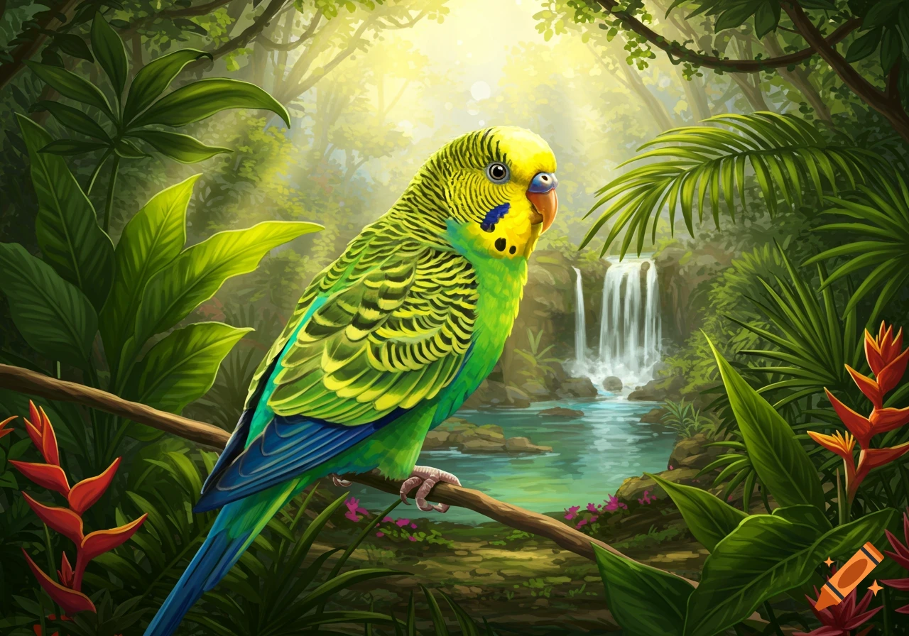 A vibrant green and yellow parakeet perched on a branch in a lush jungle with a waterfall in the background.