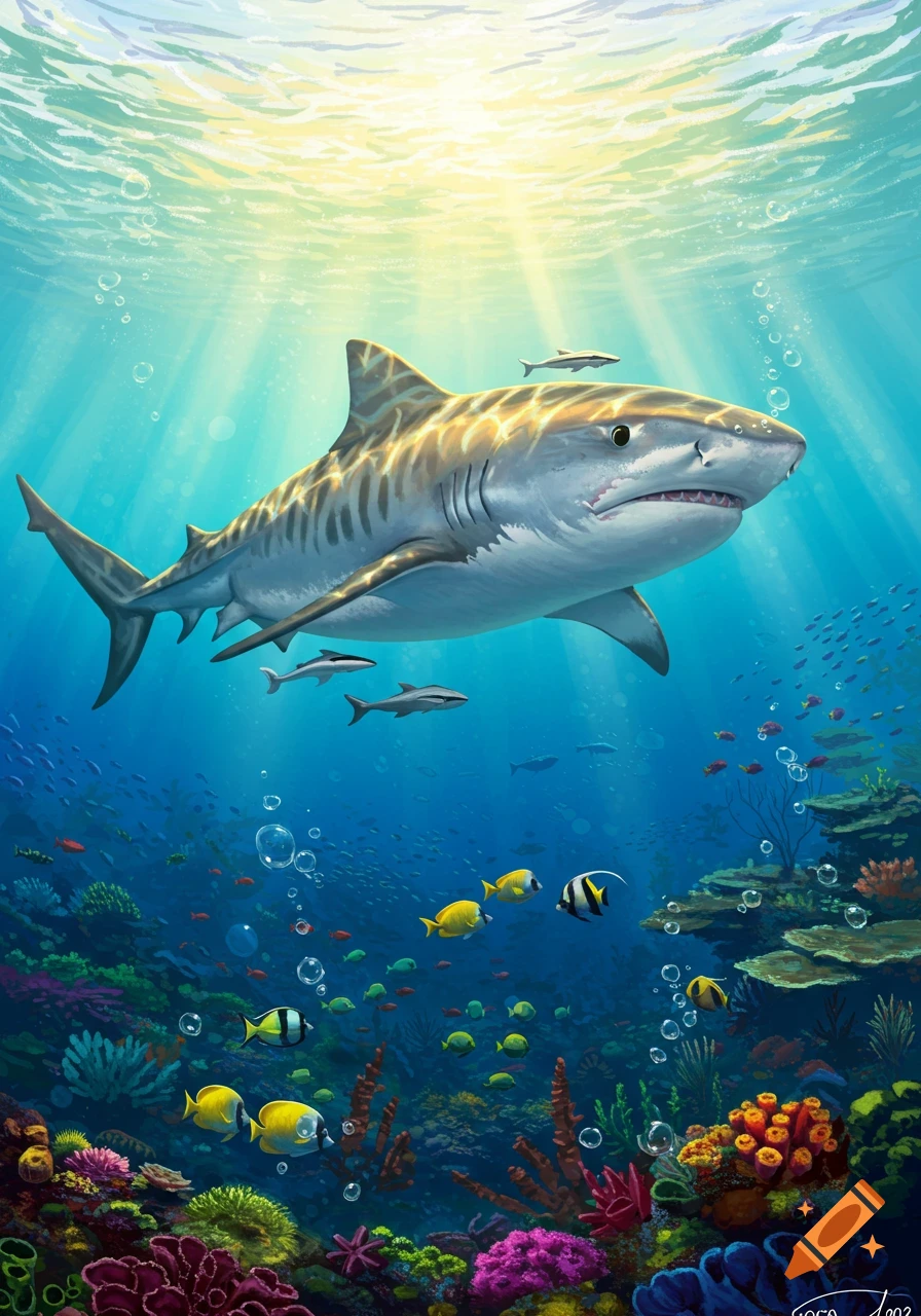 Colorful illustration of a tiger shark swimming above a vibrant coral reef, with sun rays piercing the clear blue water.
