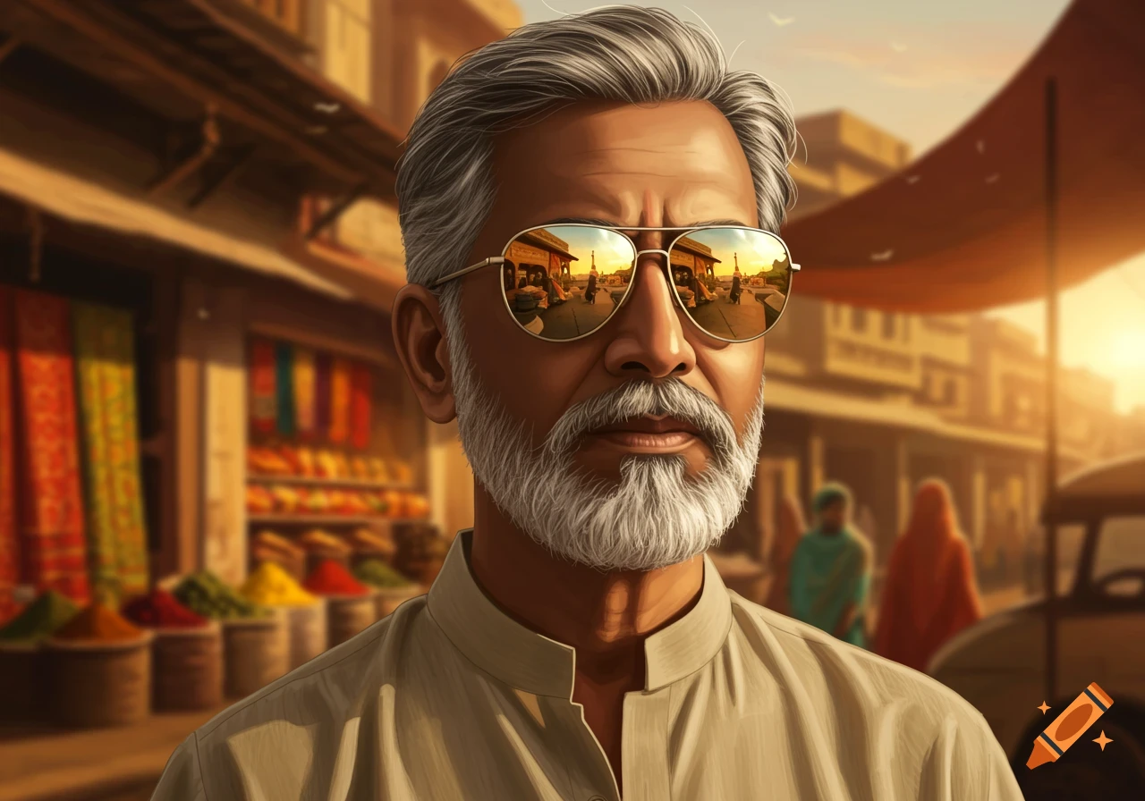 A photorealistic portrait of an older Indian man with a grey beard and sunglasses, standing in a market at sunset.