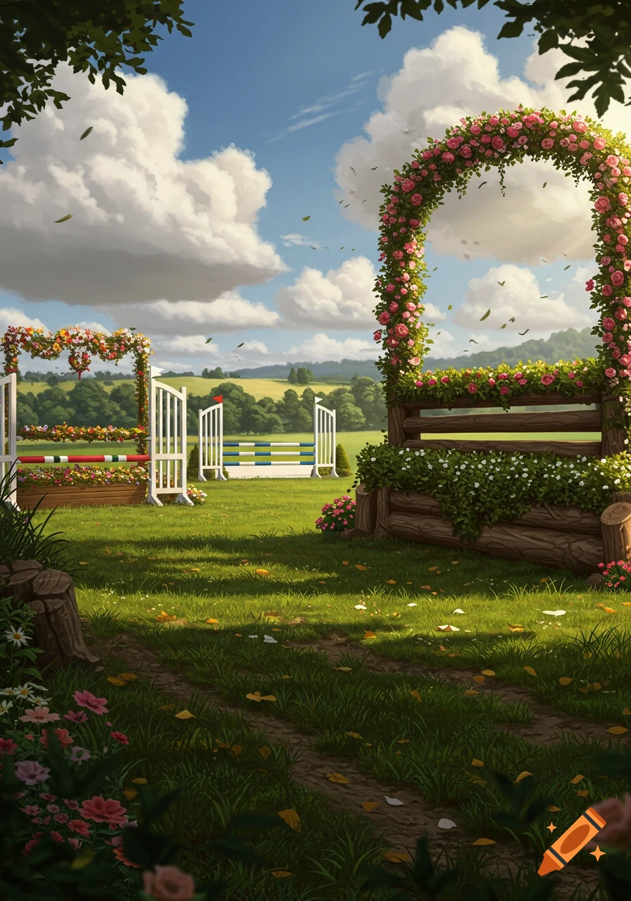 A sunny equestrian jump course with flower-decorated obstacles in a lush green field under a blue sky with white clouds.