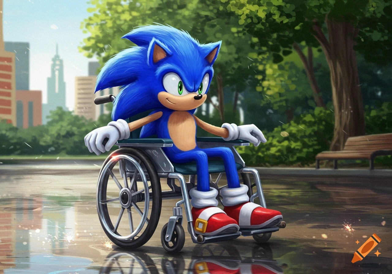 Sonic the Hedgehog in a wheelchair with red shoes in a park with city buildings in the background.