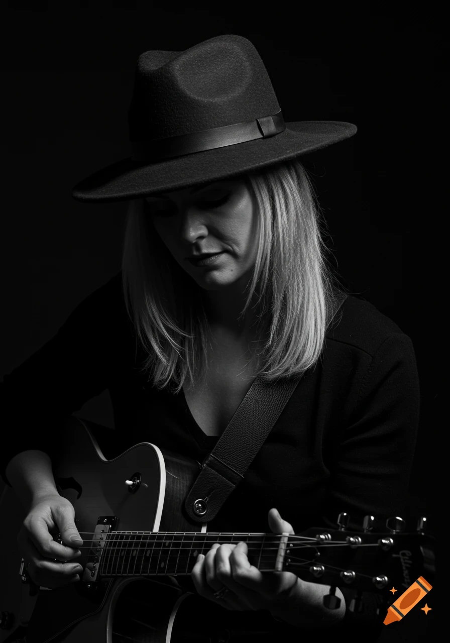 A blonde woman in a fedora hat playing a guitar, captured in a moody black and white close-up.