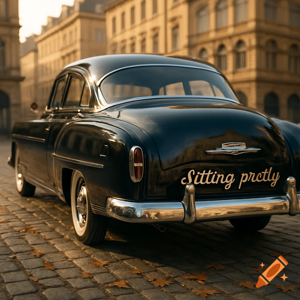Rear view of a black vintage car with 'Sitting pretly' on the bumper, parked on a cobblestone street with autumn leaves.