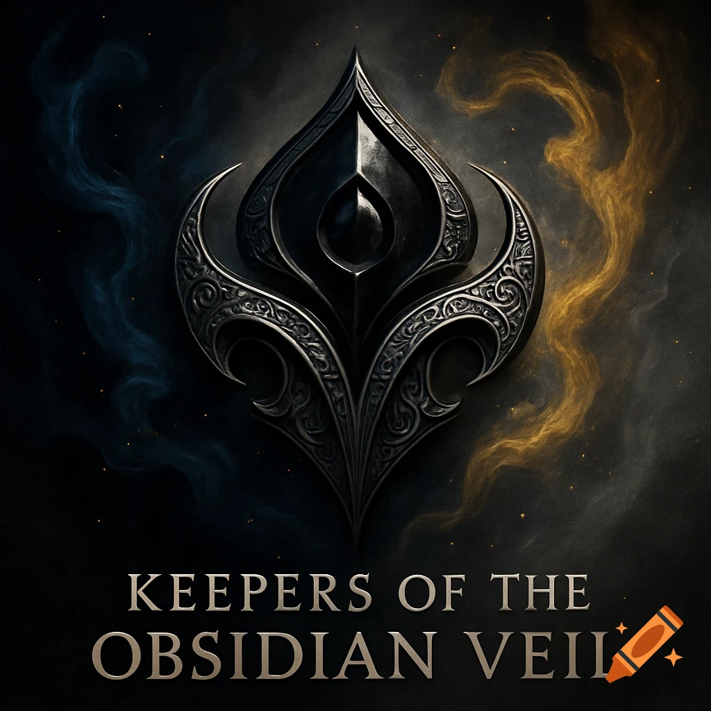 An ornate dark silver and black logo with the text 'KEEPERS OF THE OBSIDIAN VEIL' on a dark background with blue and gold wisps.