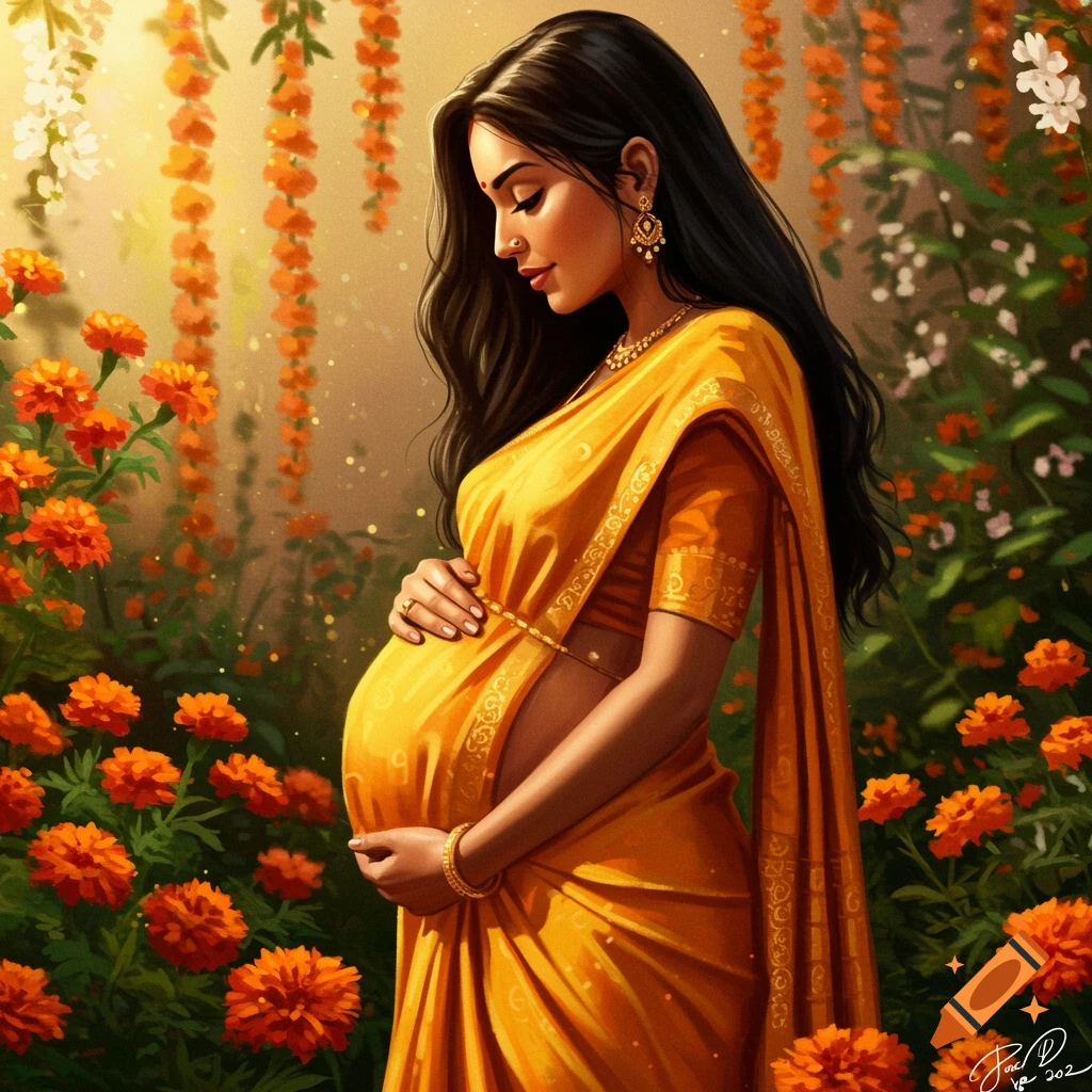 A pregnant Indian woman in a golden yellow saree cradles her belly in a garden of orange marigold flowers.
