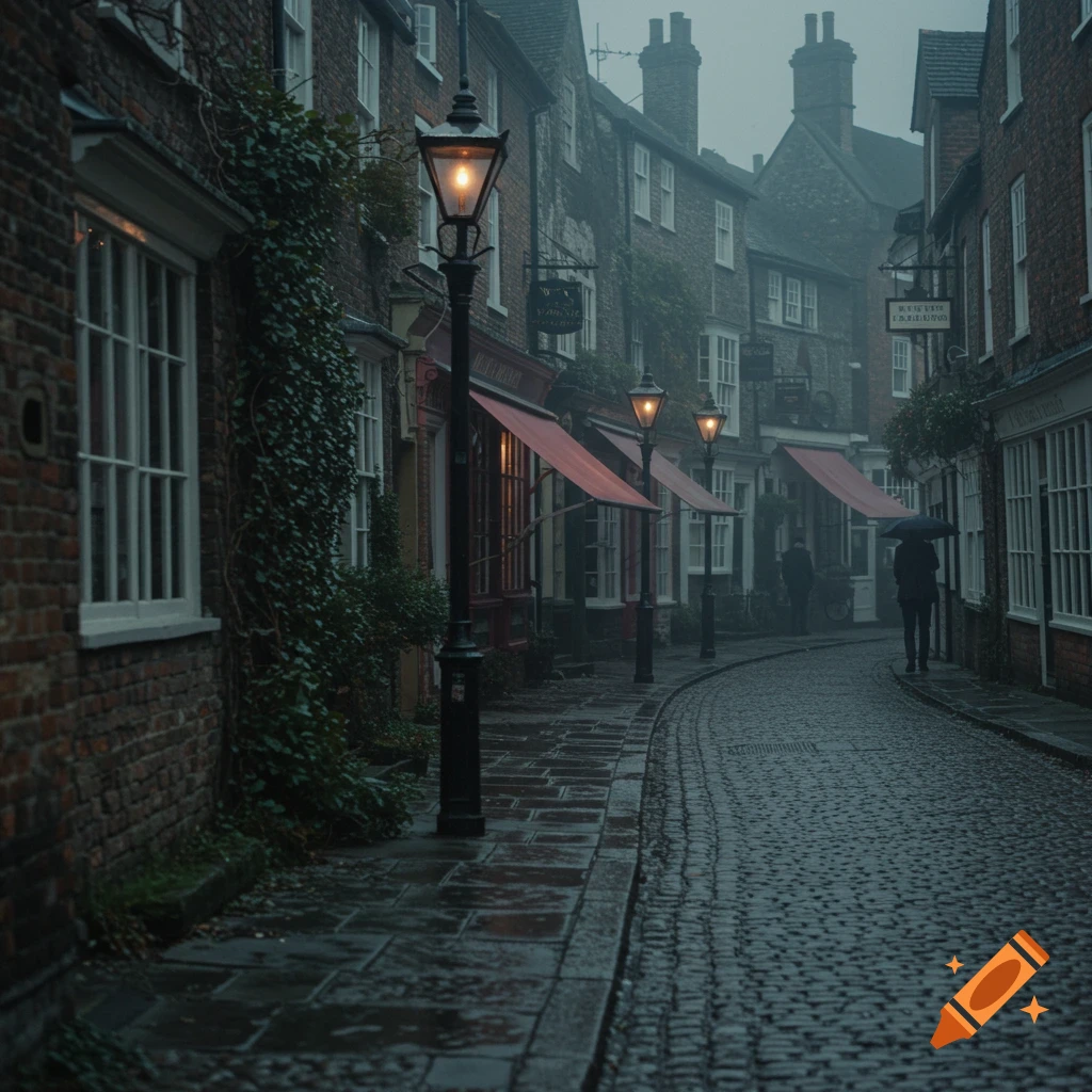 A narrow, wet cobblestone street in a British town on a murky day, lined with old brick buildings with red awnings and illuminated street lamps.