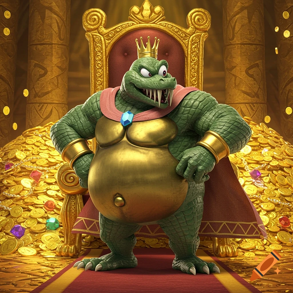 Photorealistic King K. Rool, a green crocodile-like character, with a crown and golden belly, stands before a throne and gold coins.