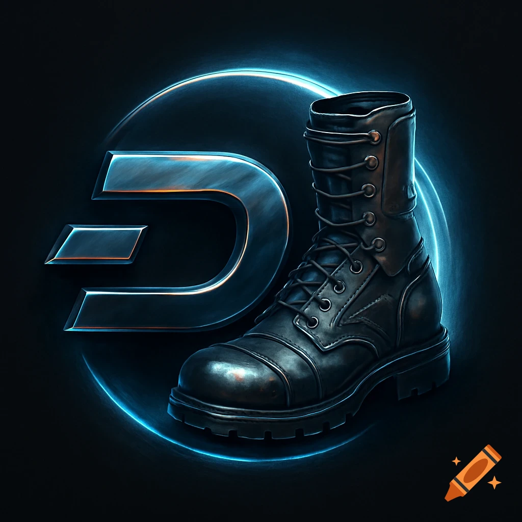 A stylized metallic Dash symbol next to a black combat boot, surrounded by glowing blue circles on a dark background.