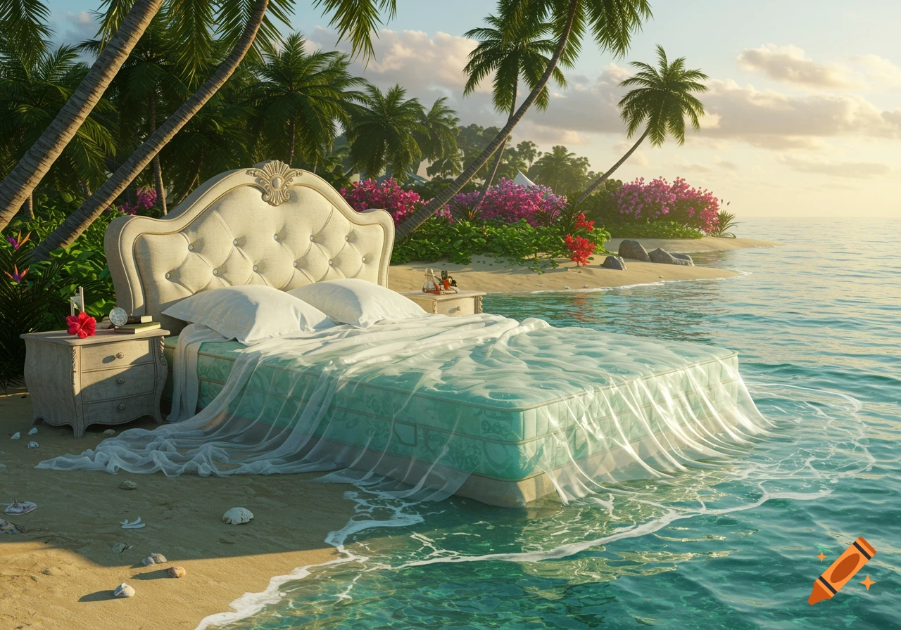 A large bed with a headboard and white bedding sits on a sandy tropical beach, with ocean waves flowing onto the mattress like a sheer blanket.