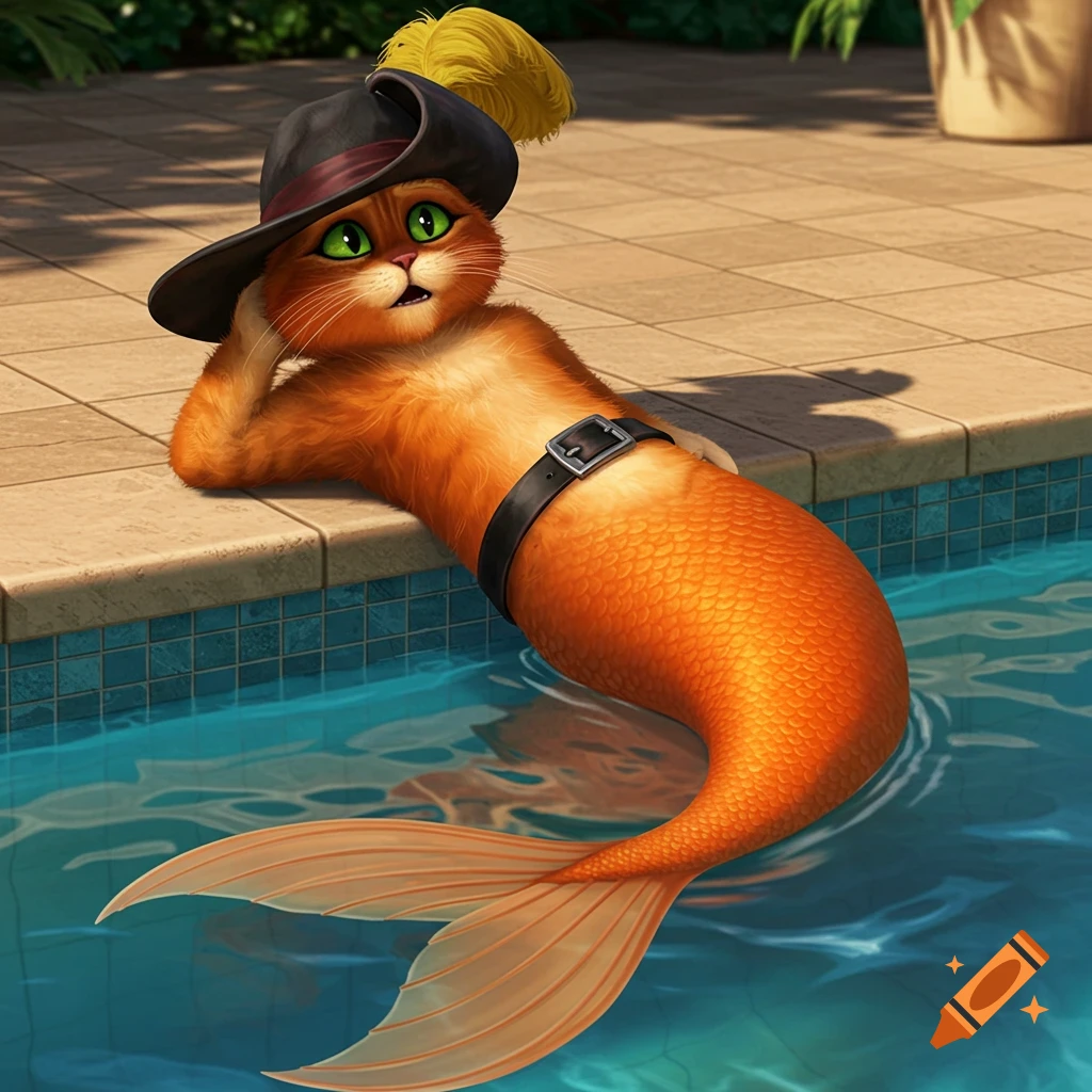 Puss in Boots reimagined as an orange mermaid, relaxing by a swimming pool in an animated movie style.