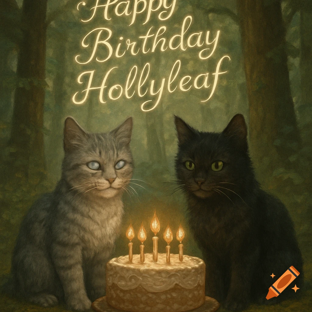 A grey cat and a black cat sit in a green forest next to a small birthday cake with five lit candles. Above them, glowing text reads "Happy Birthday Hollyleaf" in a script font.