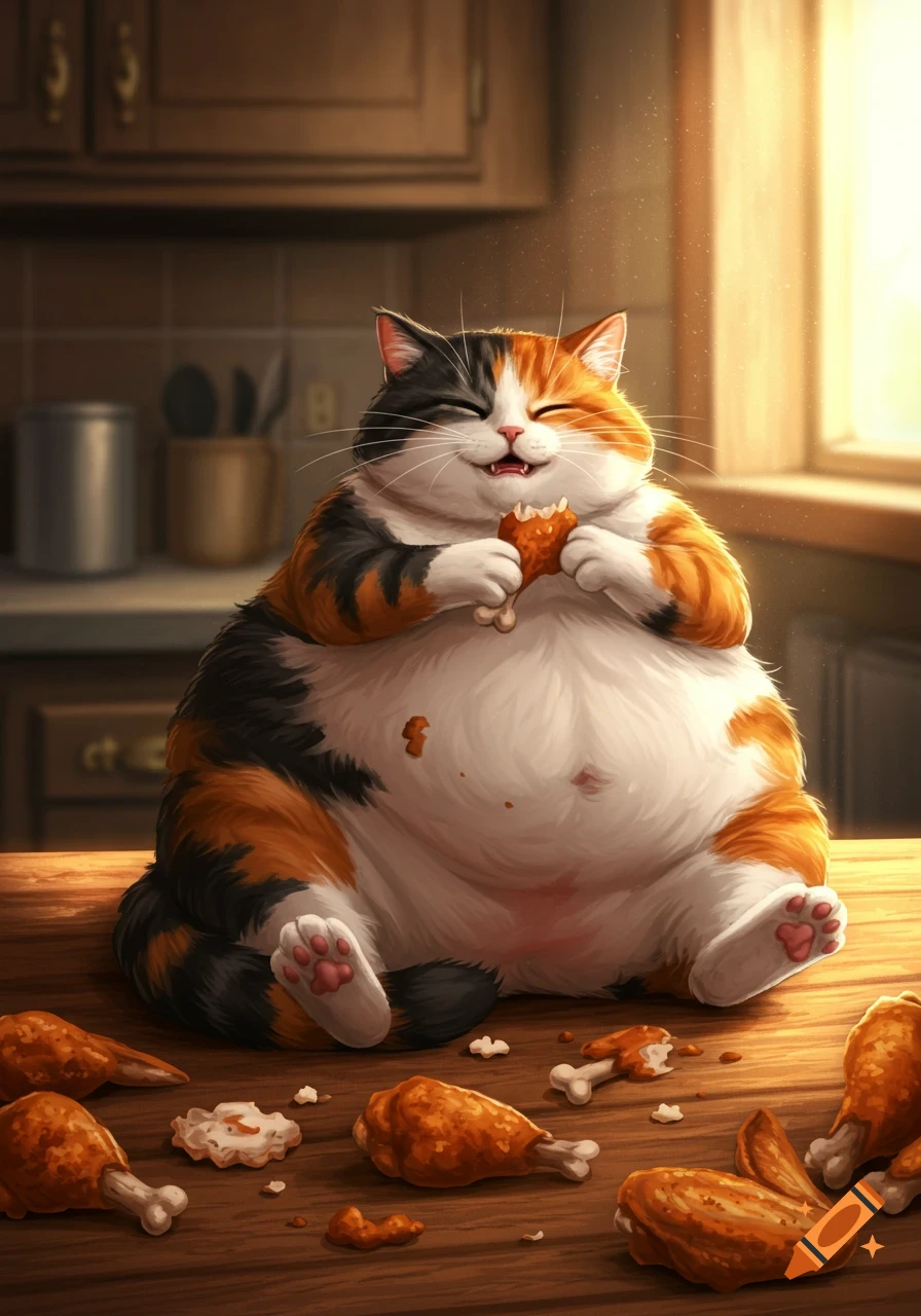 A very fat, happy calico cat sits on a kitchen table, smiling while eating a fried chicken drumstick amidst other chicken pieces.