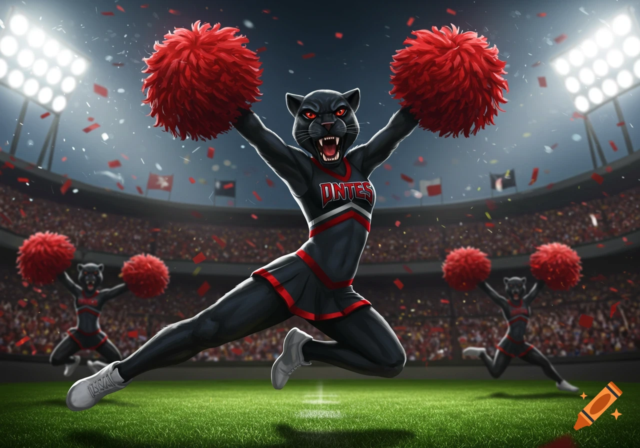 A black panther mascot cheerleader in a stadium, holding red pom poms and jumping.