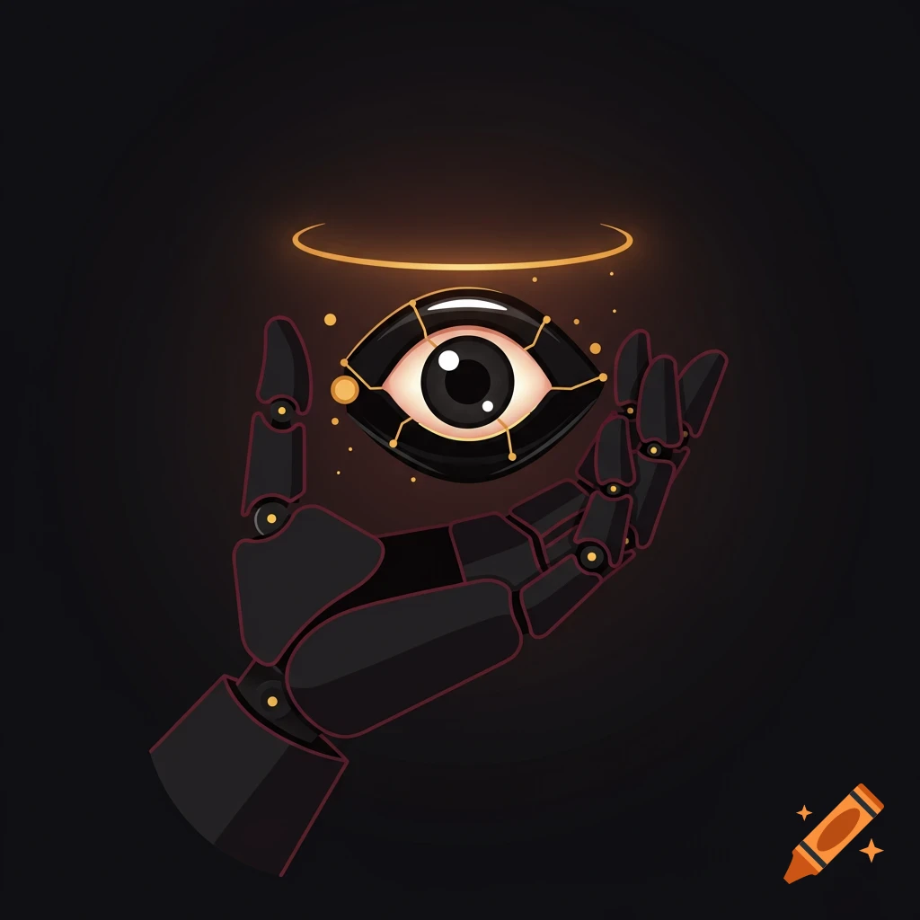 Minimalist vector icon of a black robotic hand cradling a stylized black eye with a glowing yellow-orange iris and golden halo.