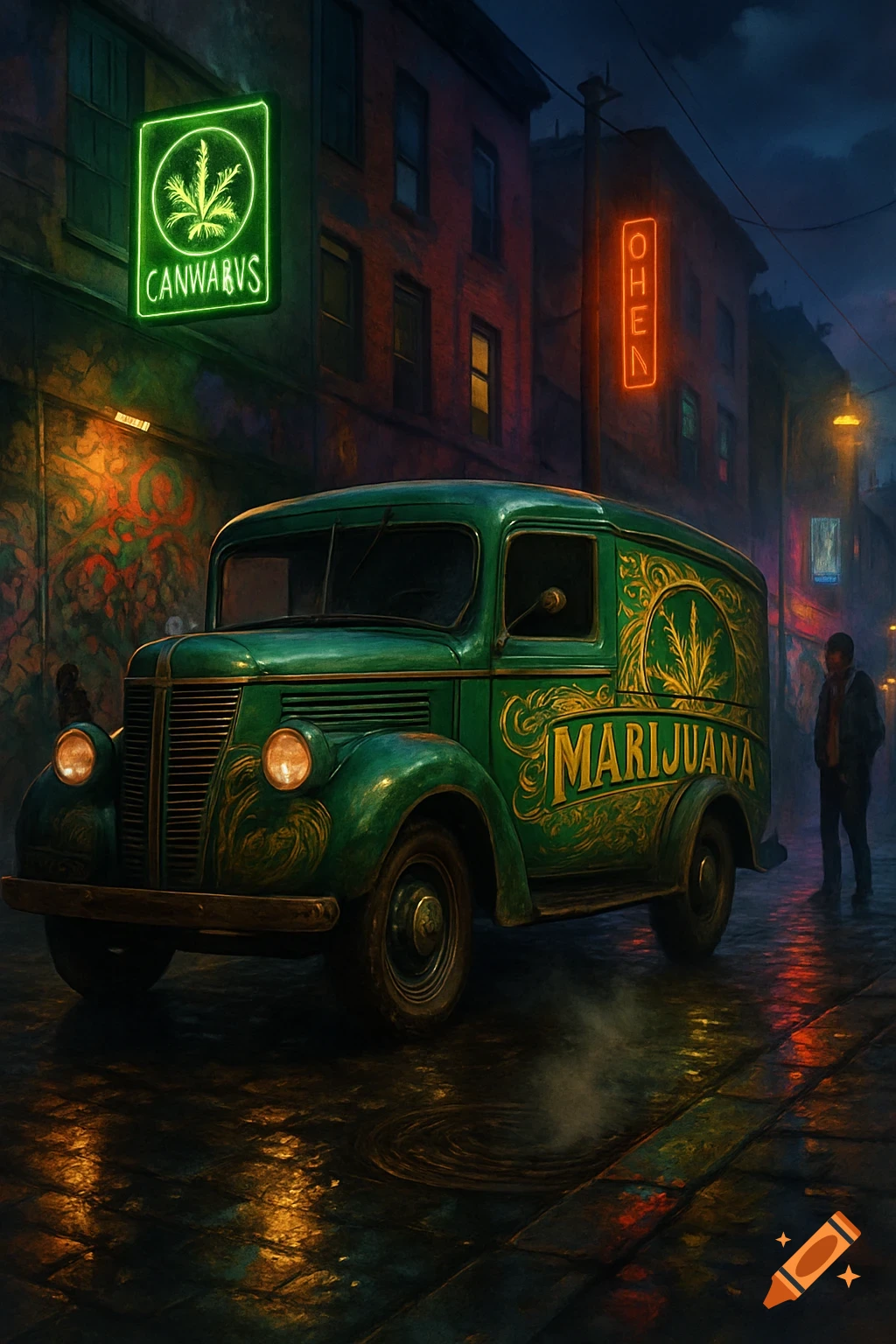 A vintage green delivery truck with "MARIJUANA" painted on its side is parked on a wet cobblestone street at night, illuminated by neon signs.