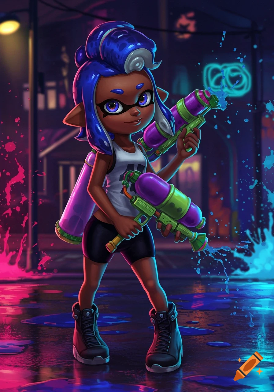 A dark-skinned Splatoon Inkling girl with blue hair holds two water guns in a neon-lit, ink-splashed city street.