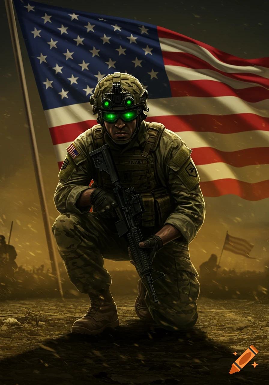 An American soldier in combat gear, with night vision goggles, crouches against a large American flag. The scene has a dusty, battlefield look.