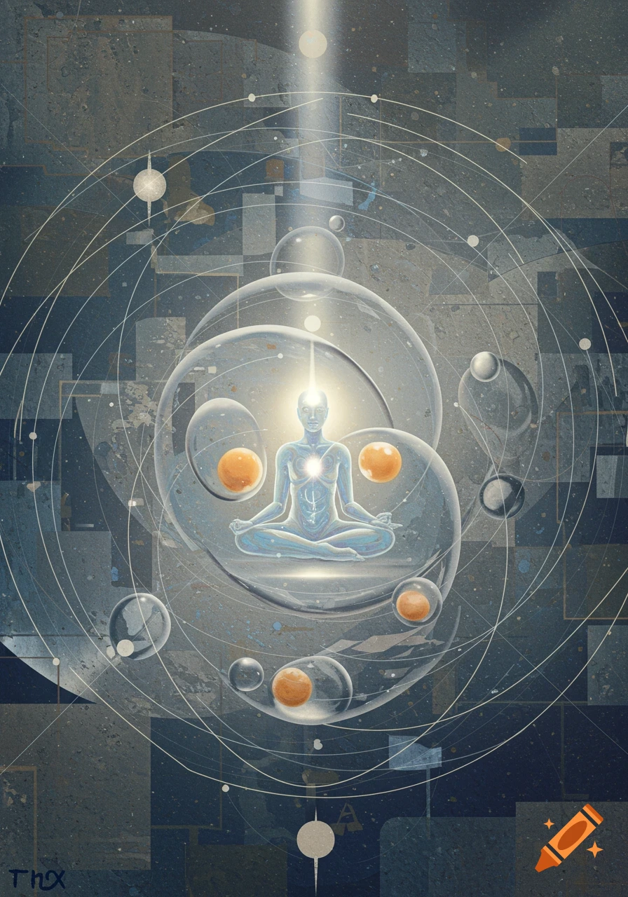 A surreal abstract painting of a meditating figure within glowing spheres and cosmic patterns on a textured blue-grey background.