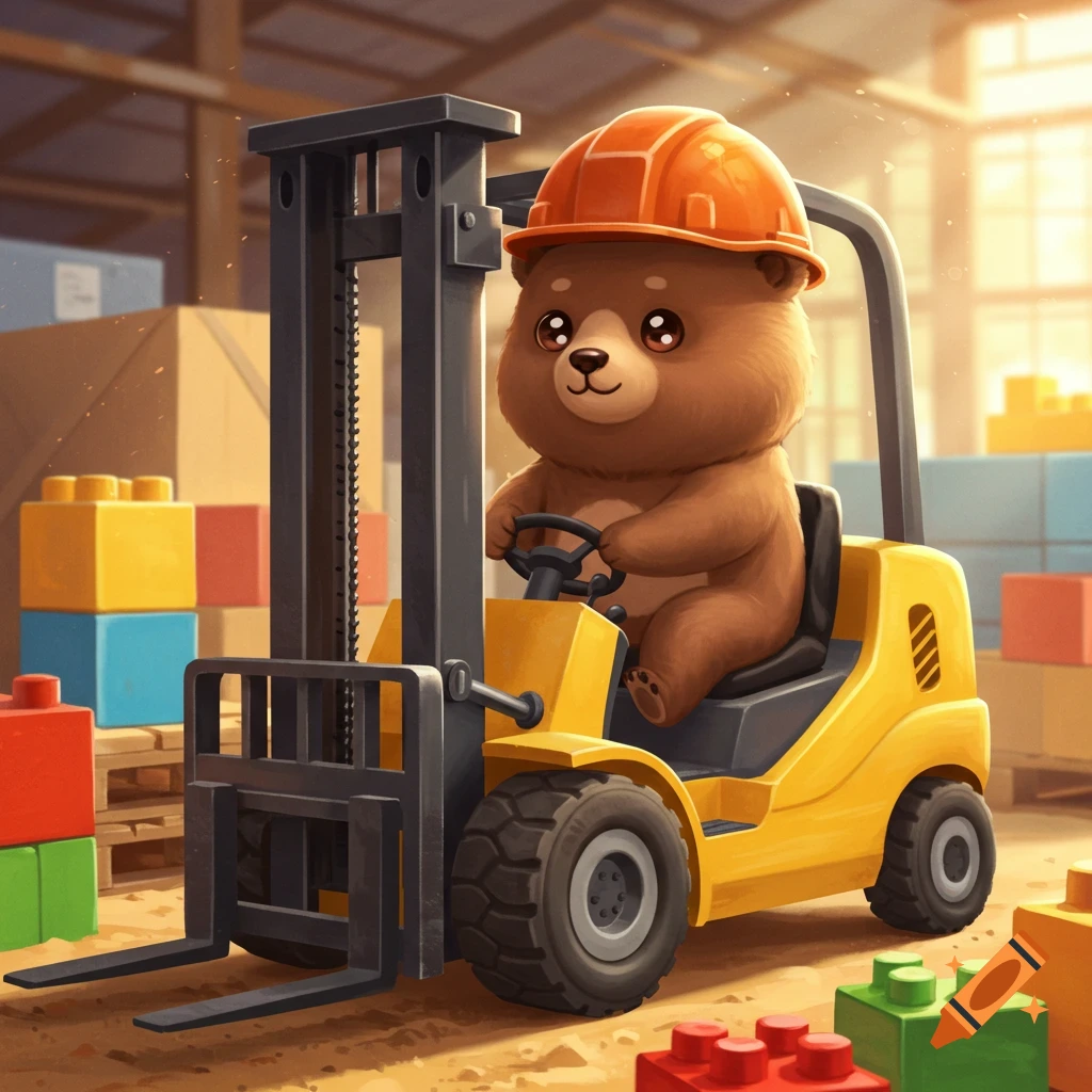 A cute brown bear wearing an orange hard hat drives a yellow forklift in a warehouse filled with large colorful building blocks.