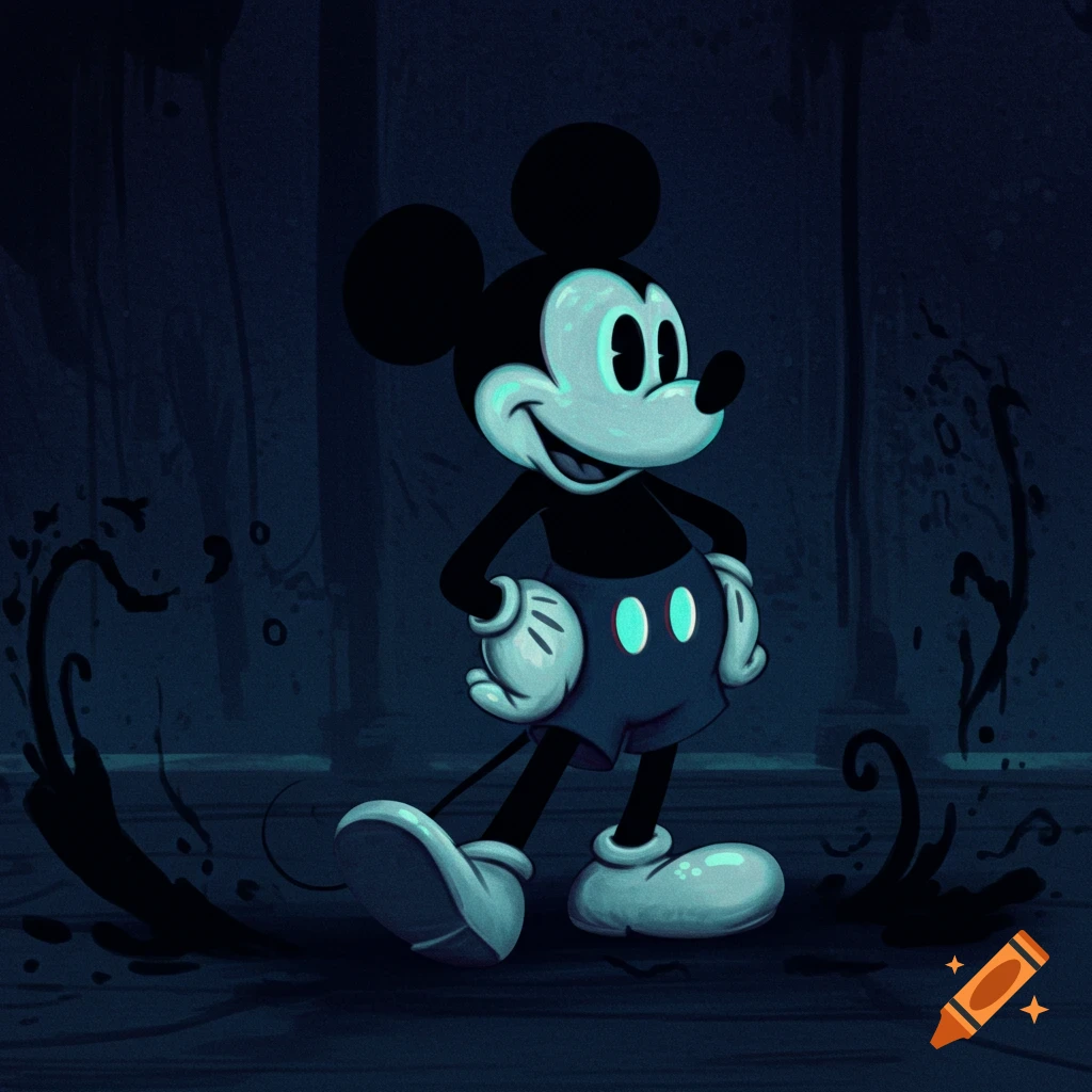 Mickey Mouse in a negative color scheme stands in a dark, stylized room with ink splatters.