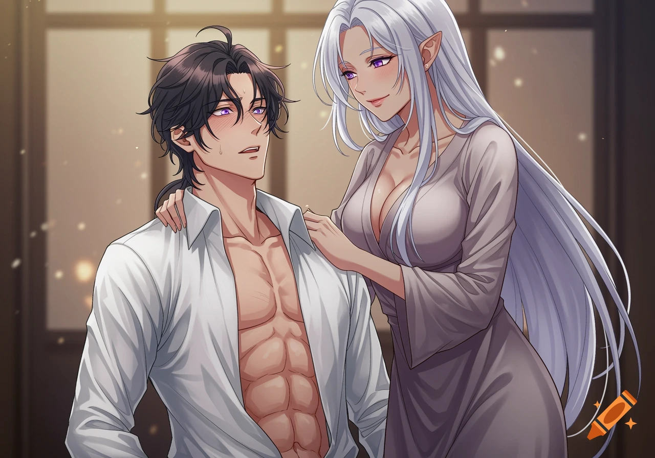 Anime style illustration of an embarrassed man with an open shirt and abs, looking up at a smiling woman with long silver hair.
