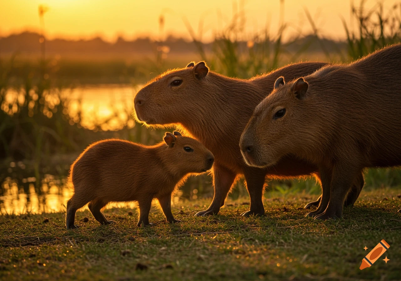 Three capybaras, including a baby, stand on grassy ground near water at sunset, with golden light silhouetting them.