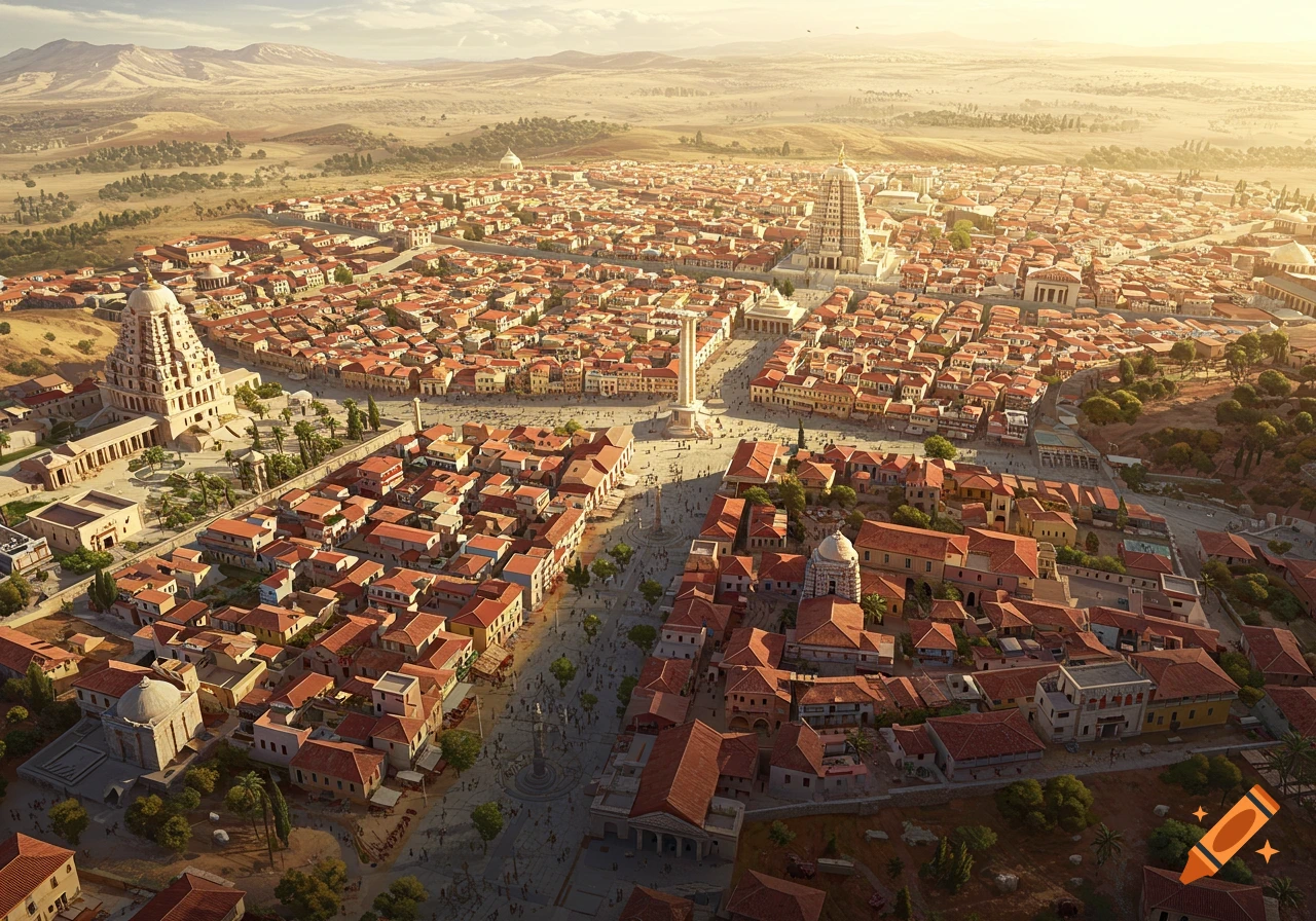 An aerial, photorealistic view of a sprawling ancient city with red-roofed buildings, large temples, and a central plaza, set in a desert landscape under a warm sky.