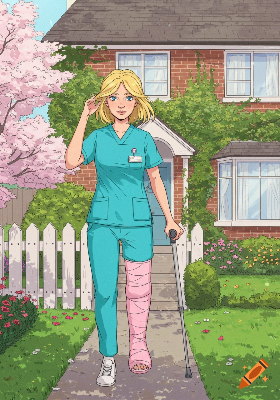 Animated illustration of a blonde woman in teal scrubs with a pink leg cast and crutch, walking in front of a brick house with a flowering tree.