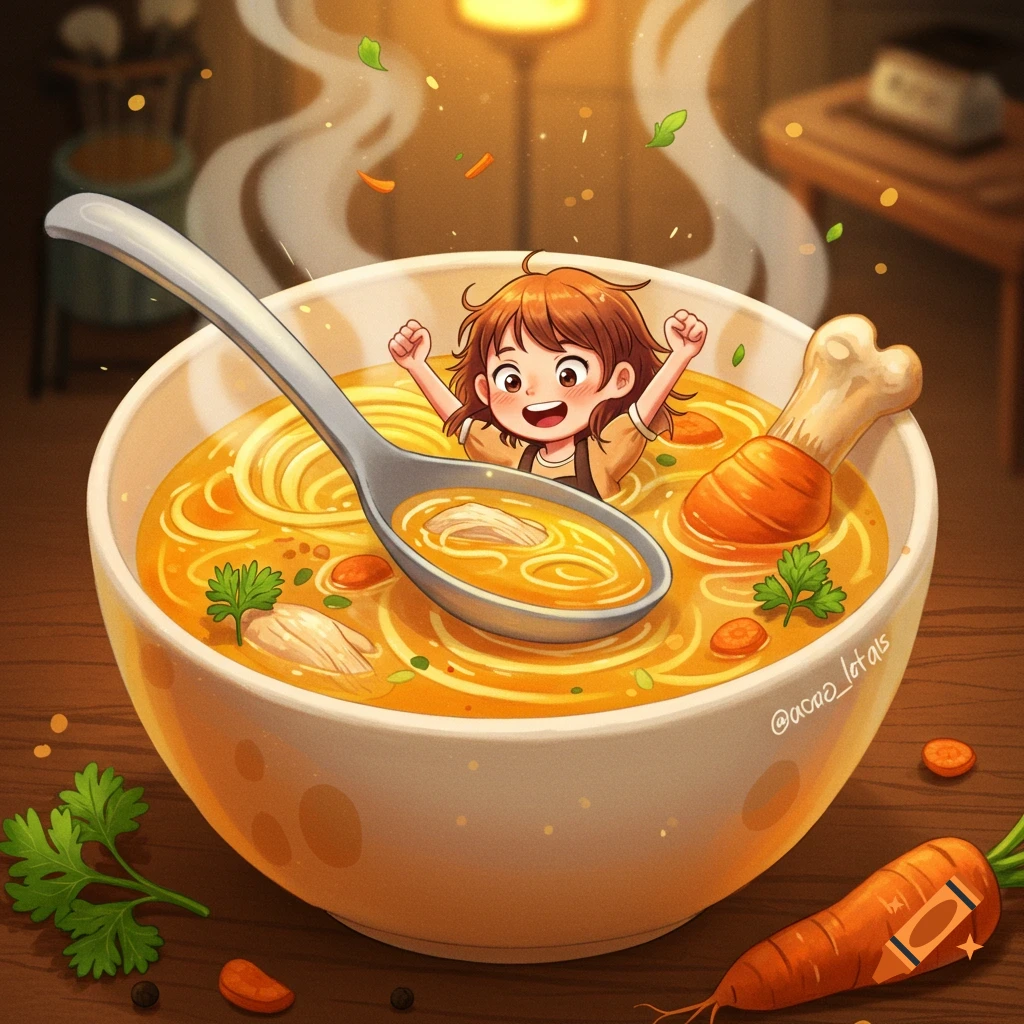 A happy cartoon girl sits in a large bowl of chicken noodle soup with a spoon and chicken leg, on a wooden table.