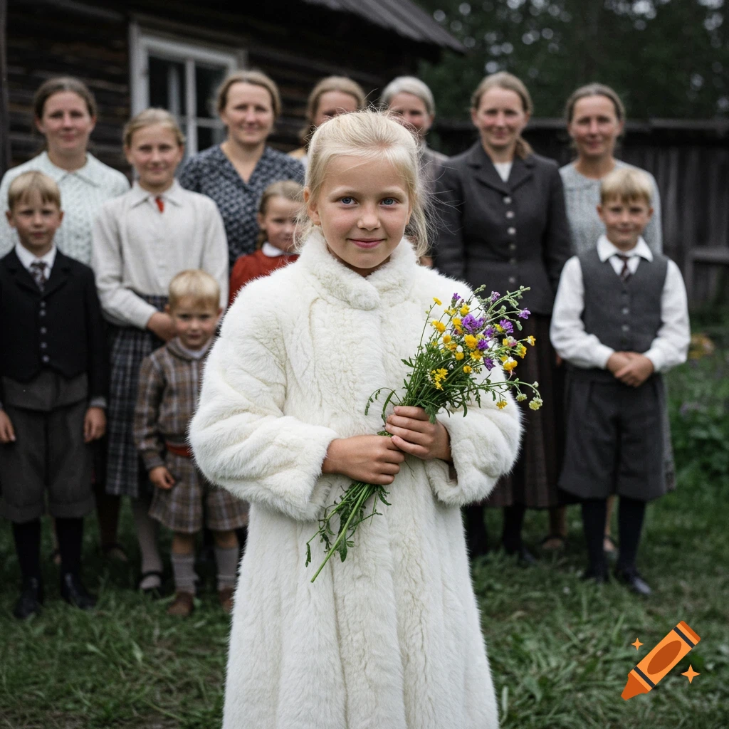 A young girl in a white fur coat holding flowers stands in front of a family group in a rural 1930s setting, photorealistic style.