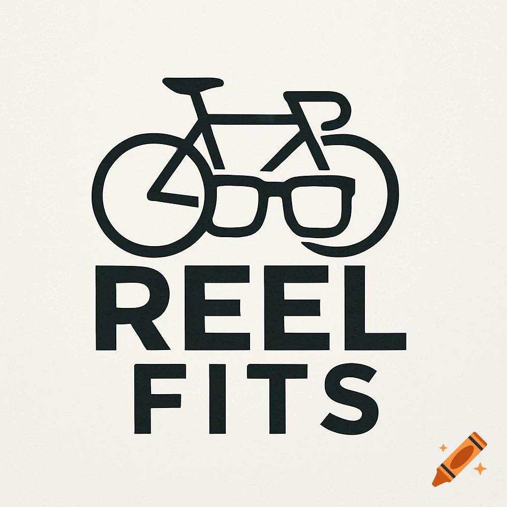 A black and white logo featuring a stylized bicycle with square glasses incorporated into its frame, above the text "REEL FITS" in a bold sans-serif font.