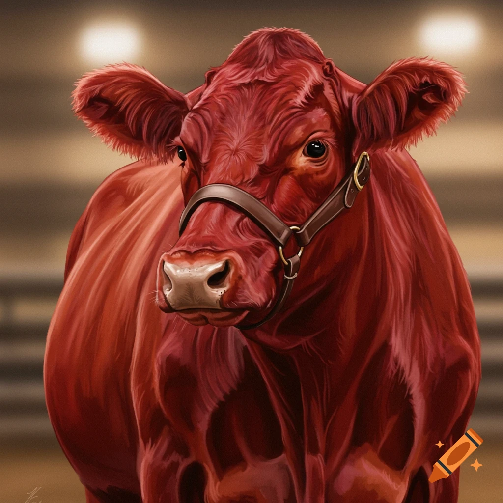 A detailed portrait of a red cow wearing a brown show halter, looking directly at the viewer with dim lighting.
