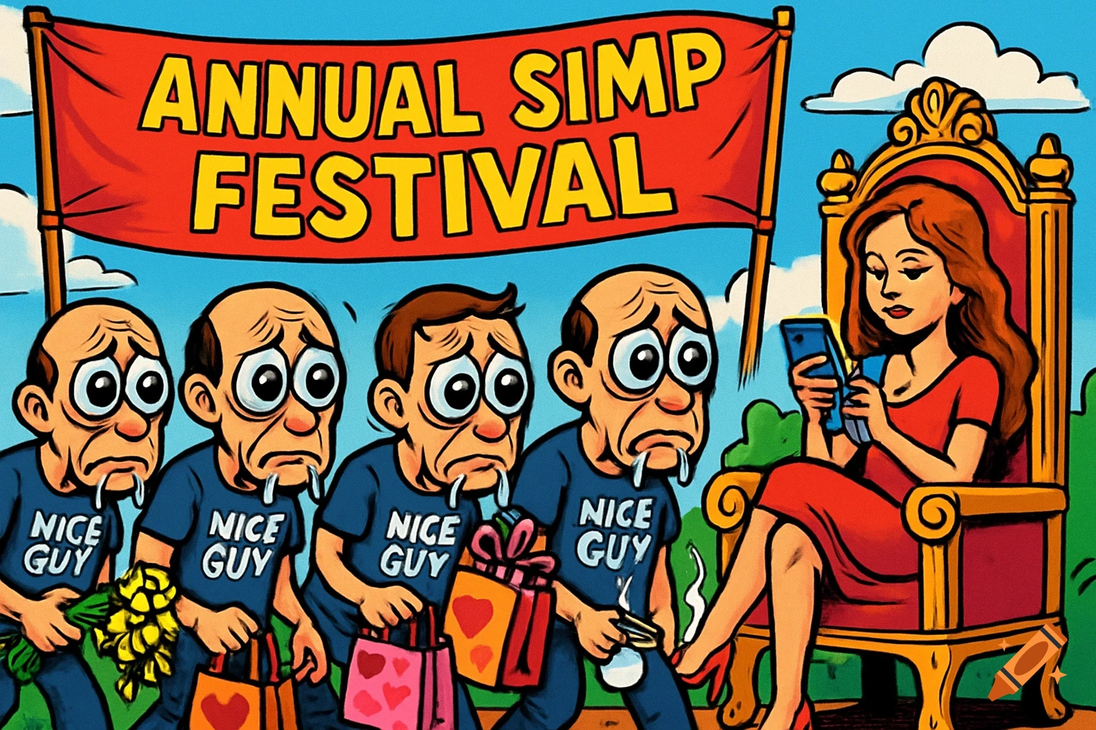 A cartoon depicting a line of sad, drooling men in 'Nice Guy' shirts with gifts, approaching a woman on a throne absorbed in her phone, under an 'Annual Simp Festival' banner.