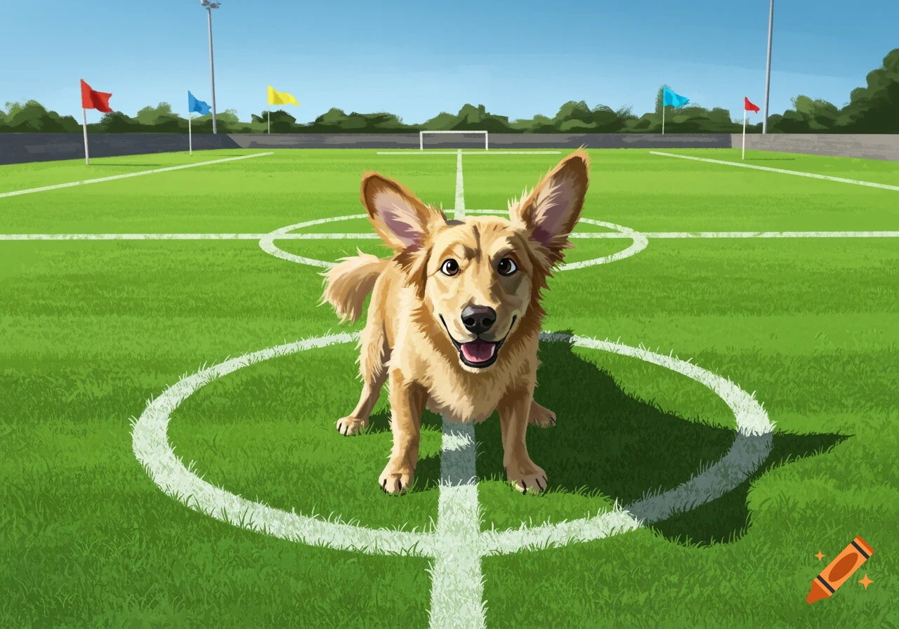 A happy golden dog stands on the center circle of a vibrant green soccer field under a clear blue sky, cartoon style.