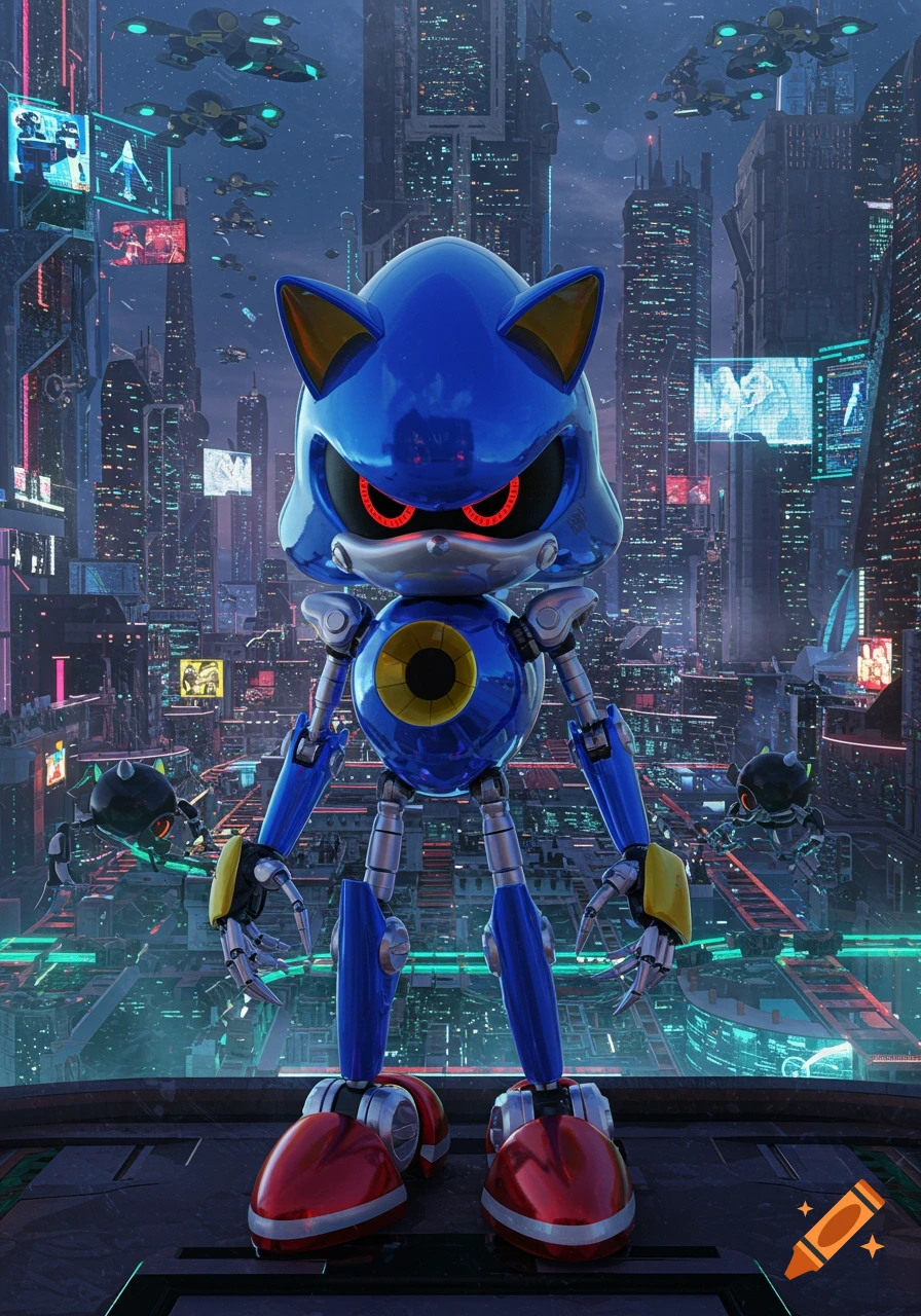 Metal Sonic stands on a rooftop overlooking a futuristic cyberpunk city skyline with flying vehicles.