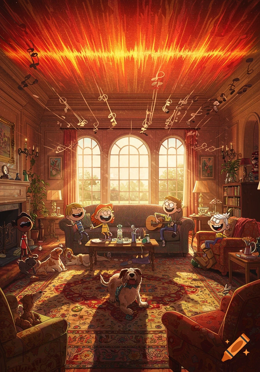 Cartoon characters play music in a sunlit living room with several dogs. Musical notes float from a glowing soundwave on the ceiling.