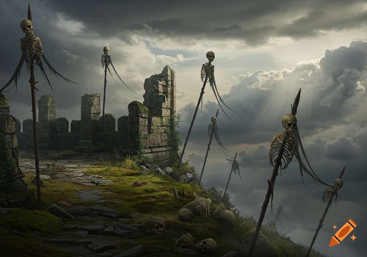 A grim, dark fantasy landscape featuring crumbling castle ruins on a hill under stormy skies, with multiple human skeletons impaled on wooden poles and skulls scattered on the ground.