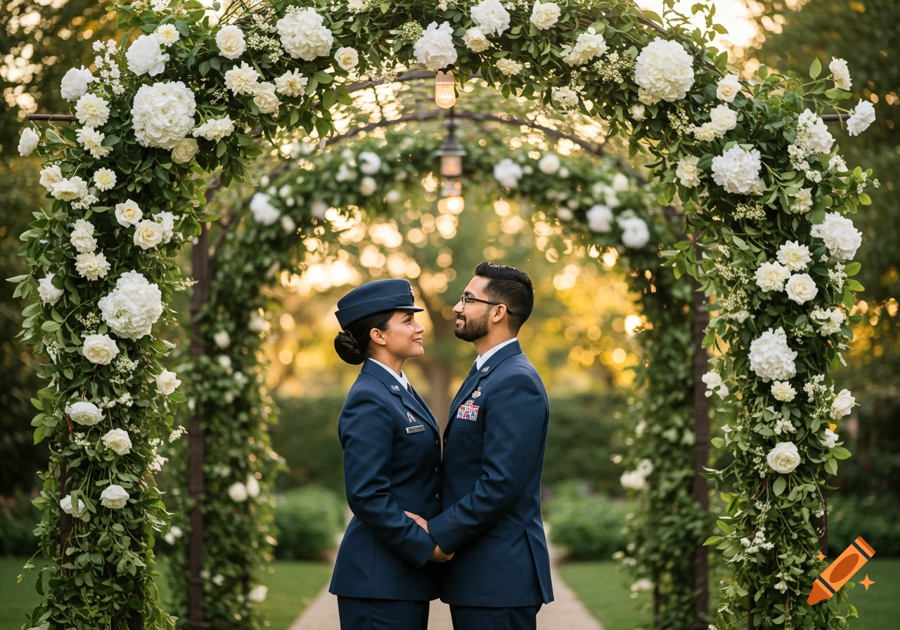 A photorealistic image of a female Air Force officer and a man in uniform, holding hands and looking at each other under a floral arch.
