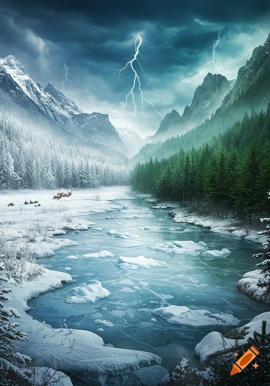 A dramatic winter landscape with snow-covered mountains, pine forests, and a partially frozen river under a stormy sky with lightning. Deer graze in the snow.