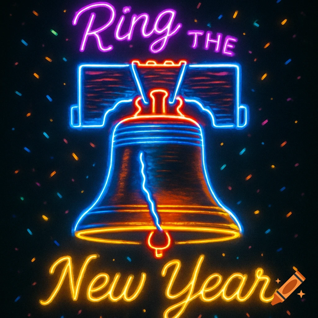 A vibrant neon art sign depicting the Liberty Bell in blue, red, and orange, with purple and orange text 'Ring THE New Year' and colorful confetti on a dark background.