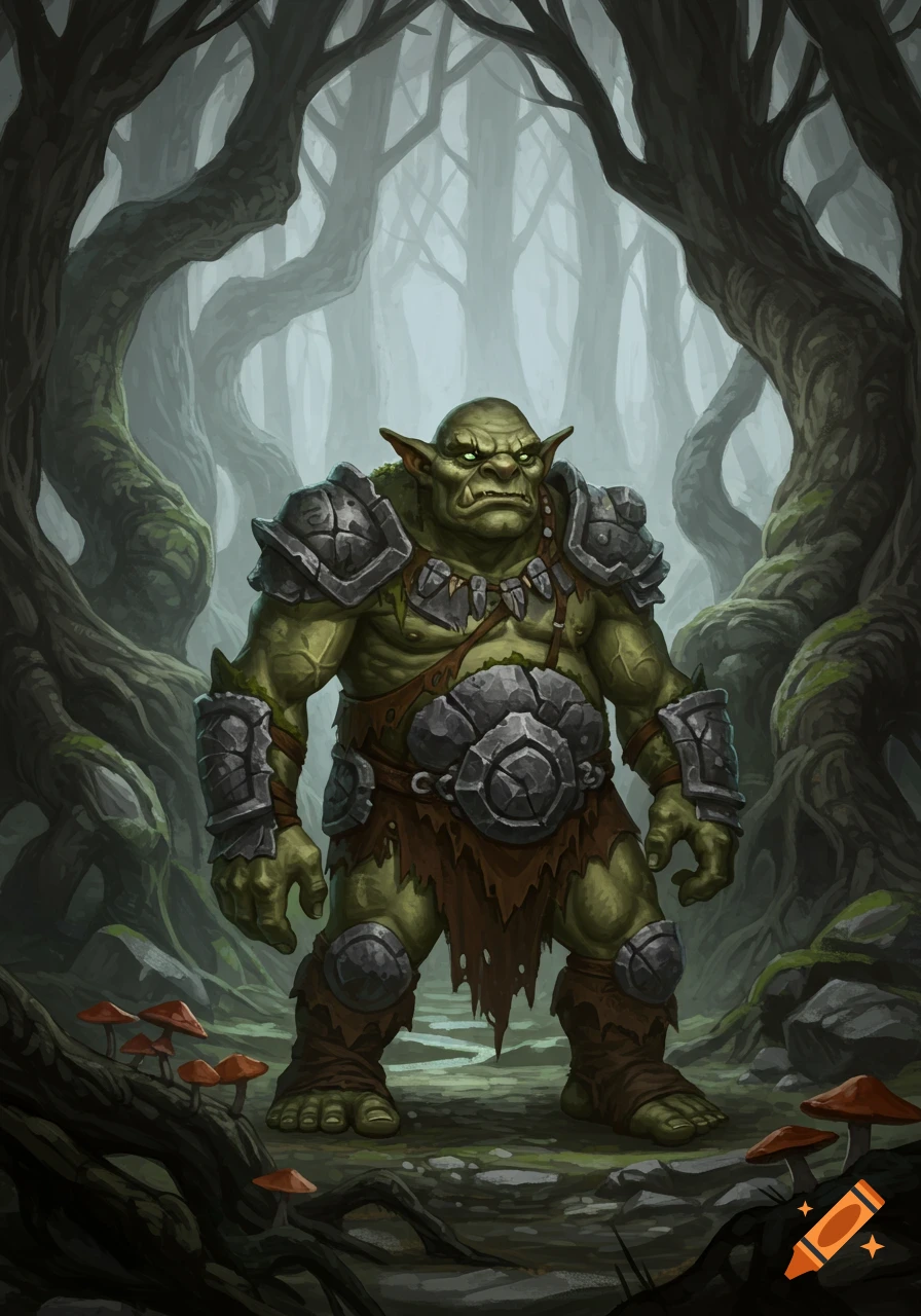A large, green, grumpy troll wearing armor stands in a misty, dark forest.