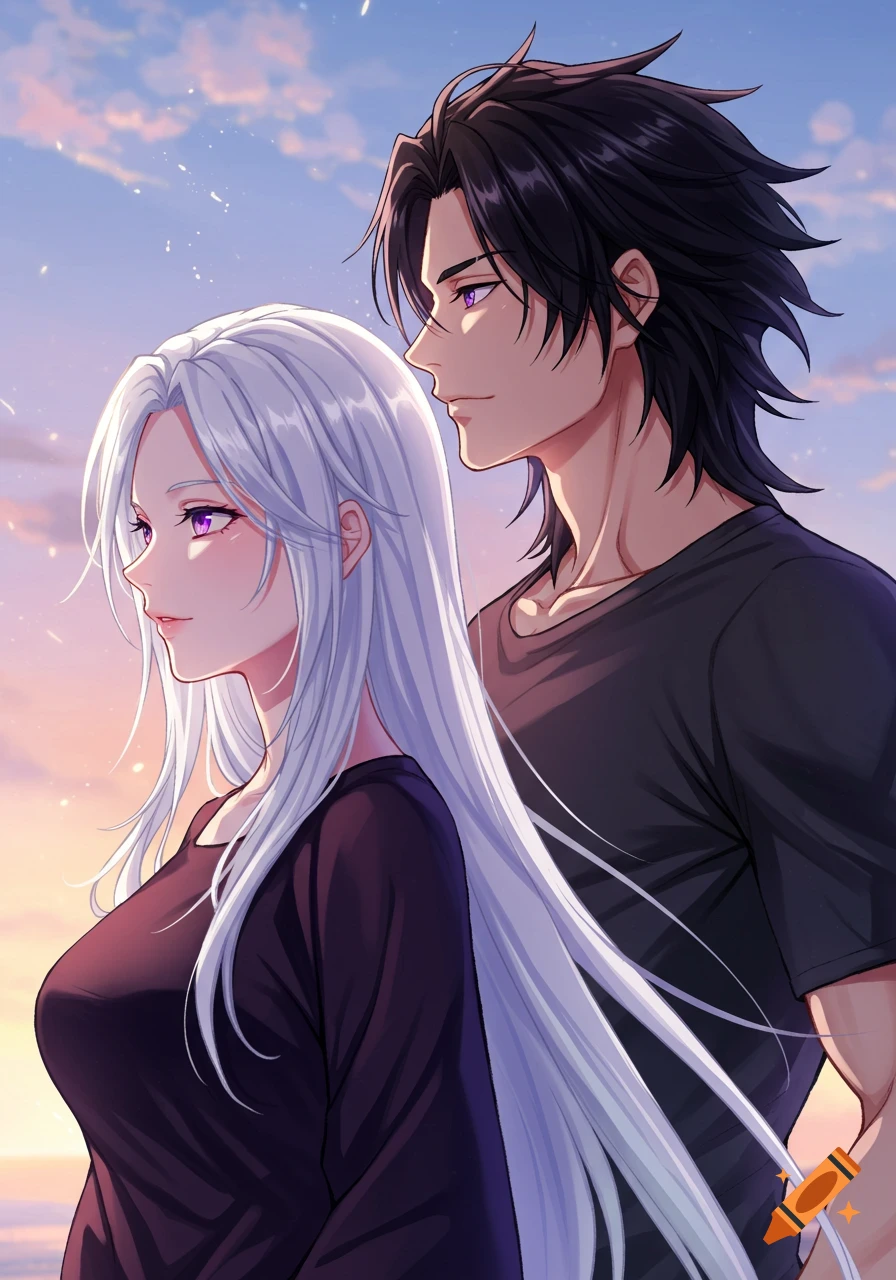 Anime couple in profile view, woman with long white hair and man with messy black hair, both with purple eyes, against a soft sky background.