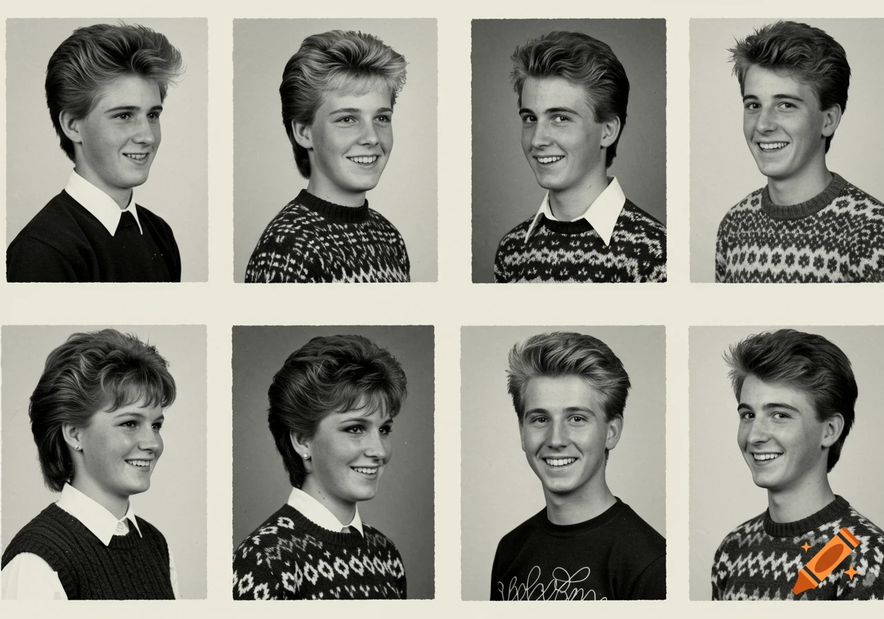 Eight black and white yearbook style portraits of smiling teenagers from the early 1980s, arranged in a grid.