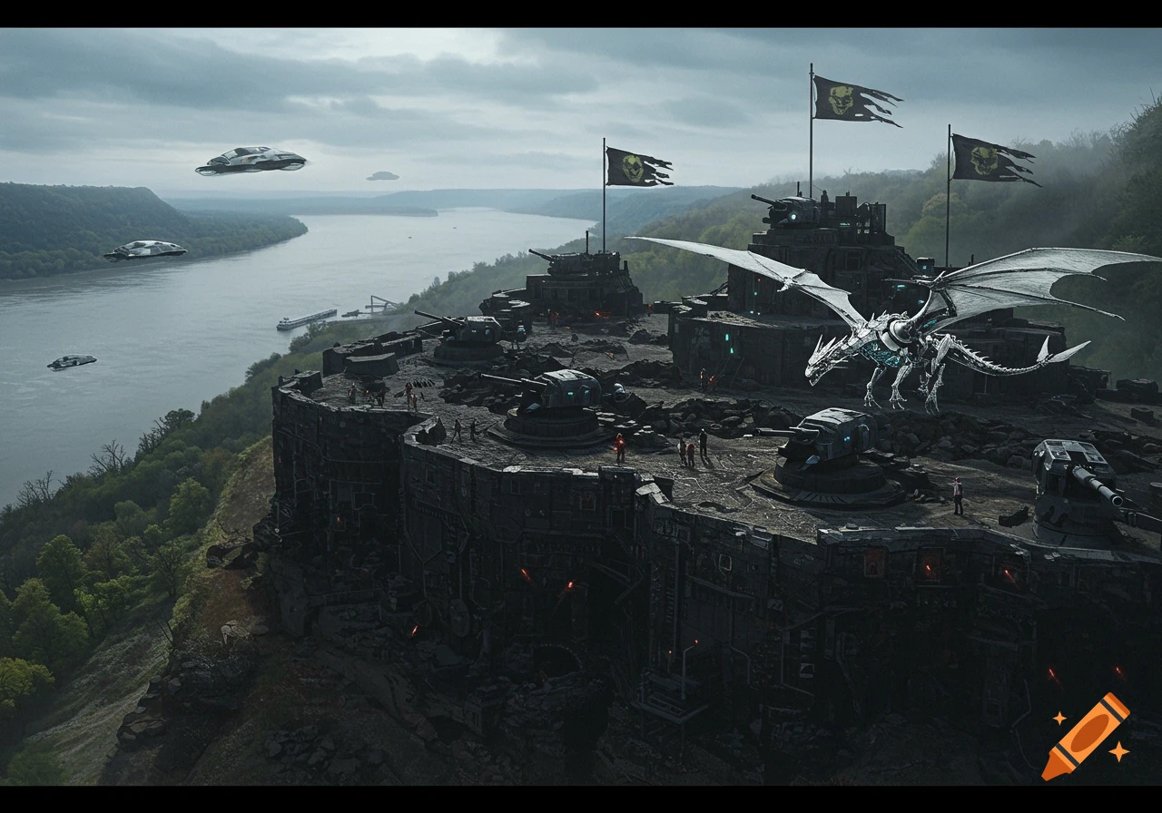 A photorealistic sci-fi image of a sprawling, dark fortress built into a cliff overlooking a river. Flying vehicles hover above the water, while a white cybernetic dragon prepares to land on the fortress, which is armed with multiple gun turrets. Black flags with skull symbols flutter in the wind, and tiny figures of people can be seen on the walls.