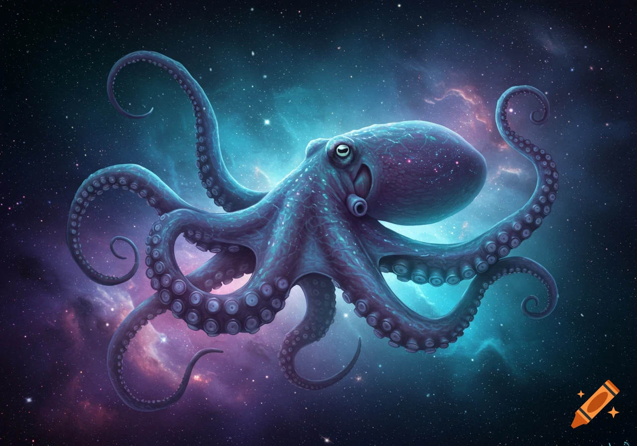 A large, semi-realistic purple-blue octopus floats in a cosmic, starry space with nebulae.
