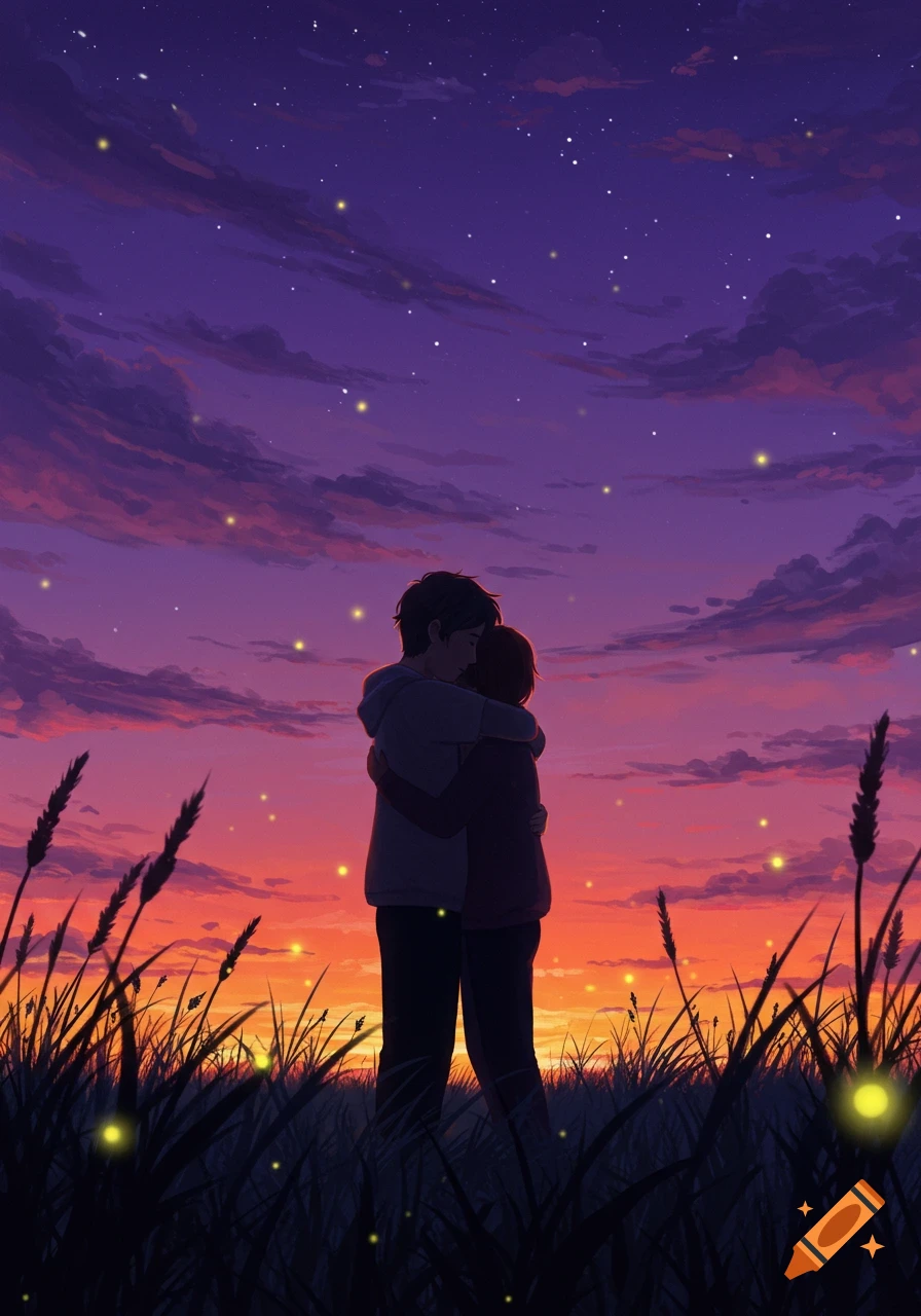 Two people embrace in a field with fireflies under a vibrant purple and orange sunset sky, in an anime illustration style.