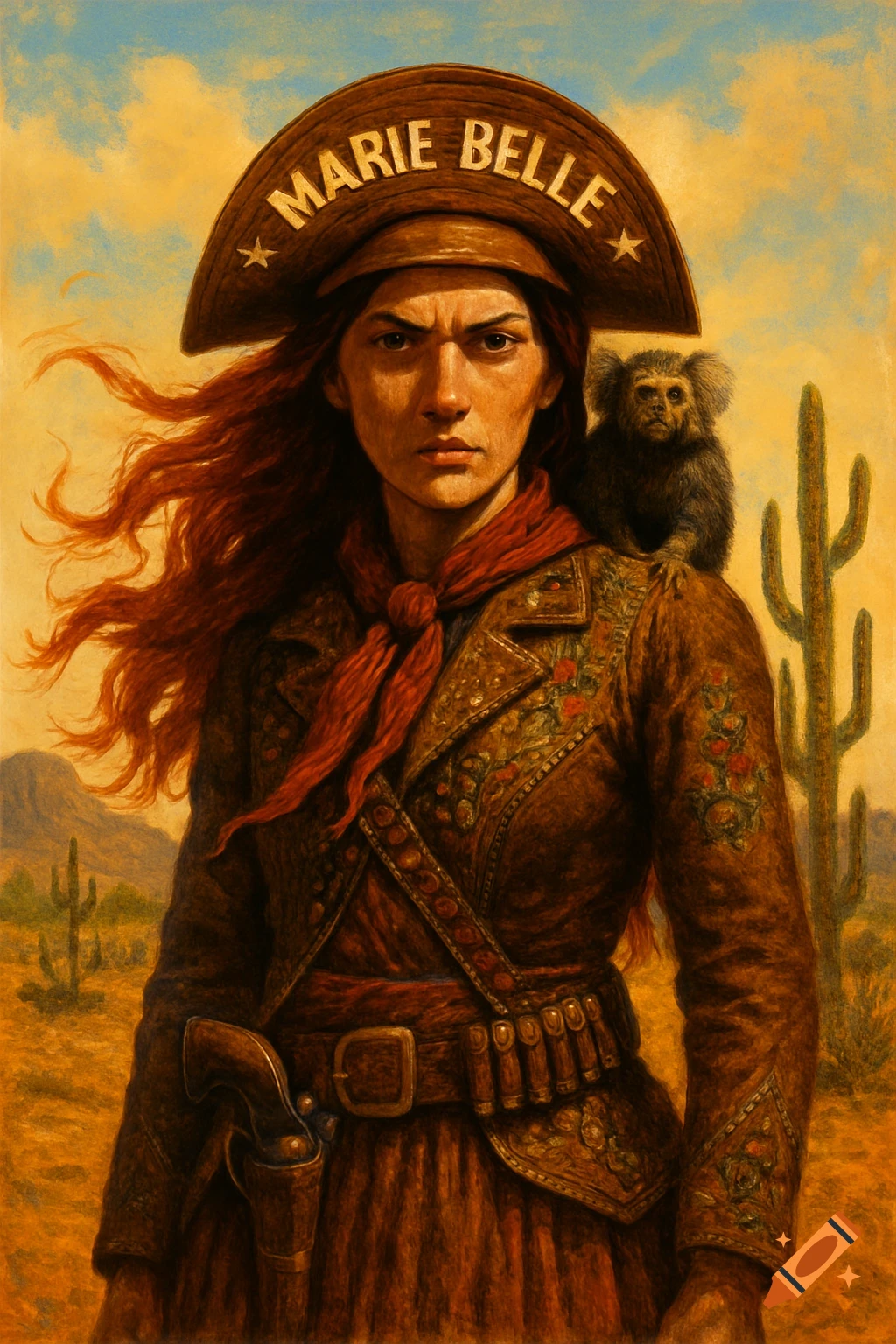 A stern woman with long red hair and a wide-brimmed hat with "MARIE BELLE" written on it, stands in a desert with a marmoset on her shoulder. She wears a brown jacket and a red scarf, with a pistol on her hip.