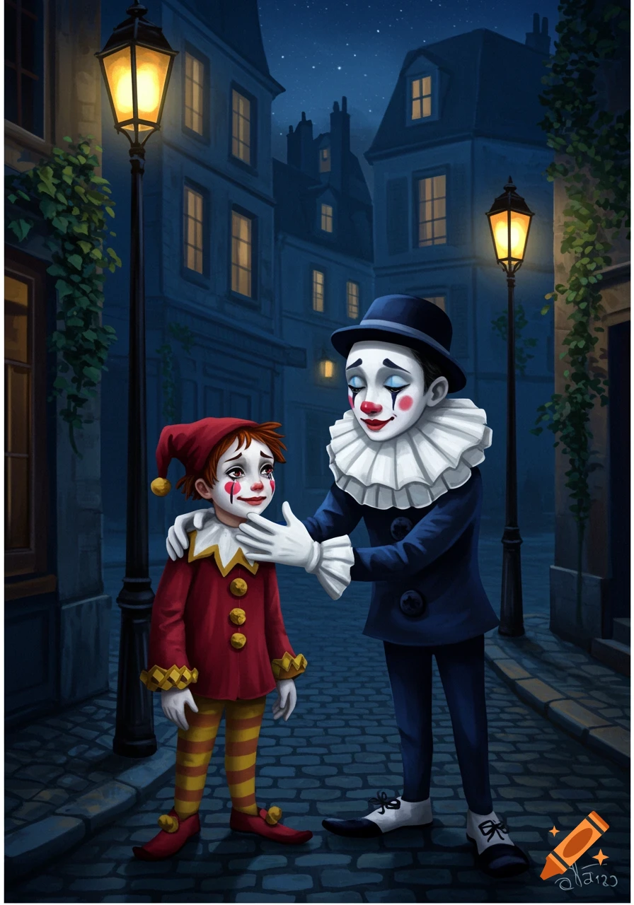 A mime gently comforts a child Pierrot on a dark cobblestone street under glowing streetlights, in a stylized illustration.