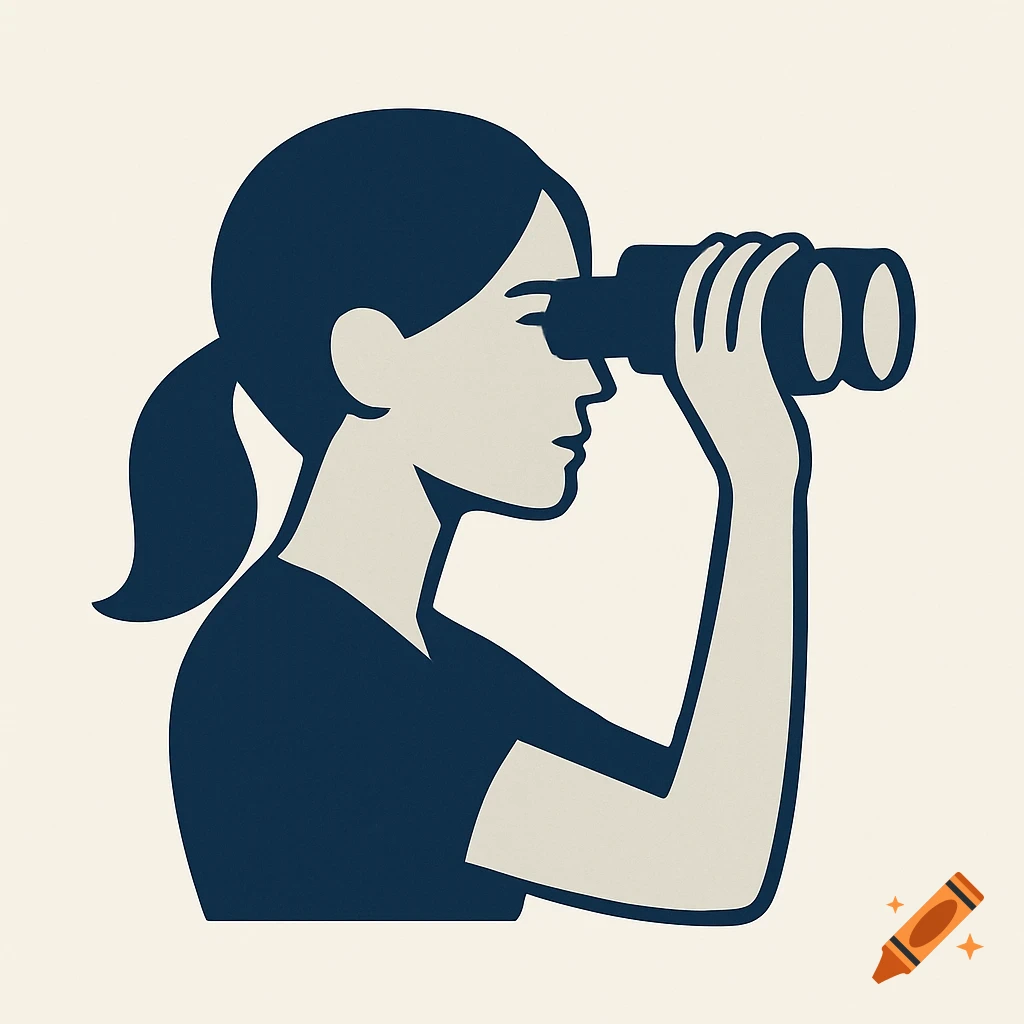 Minimalist vector illustration of a woman with a ponytail looking through binoculars.