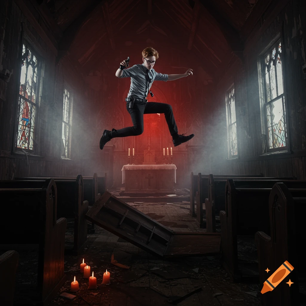 A red-haired detective in glasses, holding a gun, jumps over an overturned pew in a dark, ruined gothic chapel lit by red light.